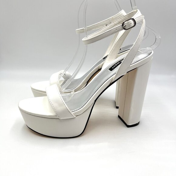 Nine‎ West Size 8.5 Uknow White Faux Vegan Leather Platform Sandals Heels Shoes - Picture 6 of 16